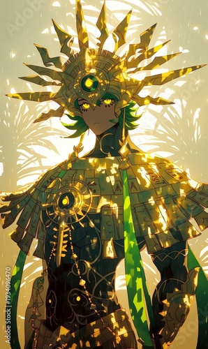 Cartoon Aztec Sun Deity Statue in Ancient Jungle Setting