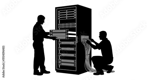 Two technicians installing hardware in a large server rack cabinet