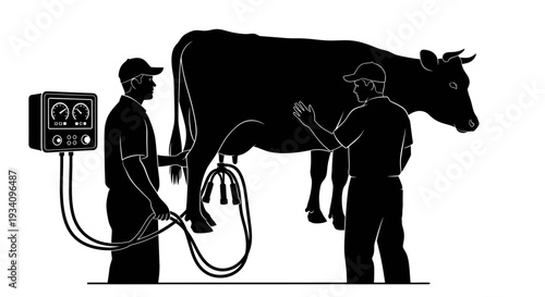 Two men milking a cow with a machine