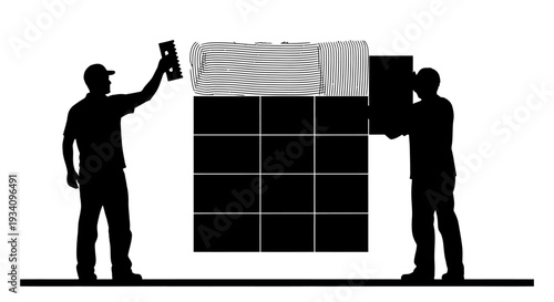 Two workers installing large solar panels on a roof