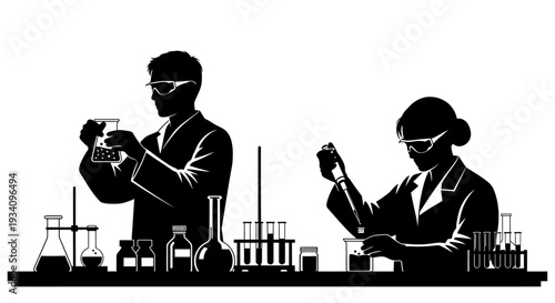 Two scientists in lab coats work on experiments in a laboratory setting