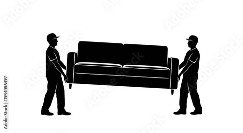 Two workers moving large sofa through house interior