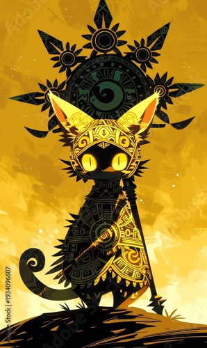 Cartoon Aztec Sun Deity Statue in Ancient Jungle Setting