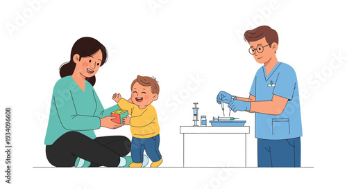 A woman comforts a toddler while a man in medical attire prepares a vaccine