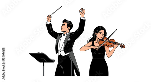 Conductor leads orchestra musician playing violin in formal attire on stage