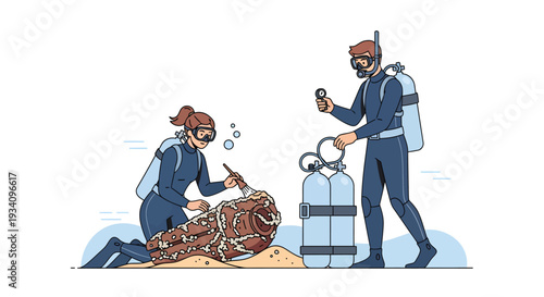 Two scuba divers are examining a large colorful coral reef underwater.