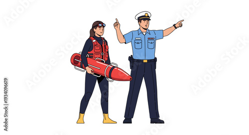 Two men in uniform pointing and holding lifebuoy on beach