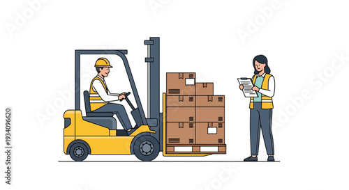 A forklift operator moving boxes with a worker checking inventory nearby warehouse