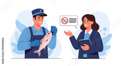 Fisherman shows fish to inspector at market stall with clipboard