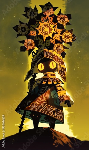 Cartoon Aztec Sun Deity Statue in Ancient Jungle Setting