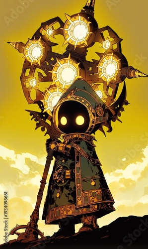 Cartoon Aztec Sun Deity Statue in Ancient Jungle Setting