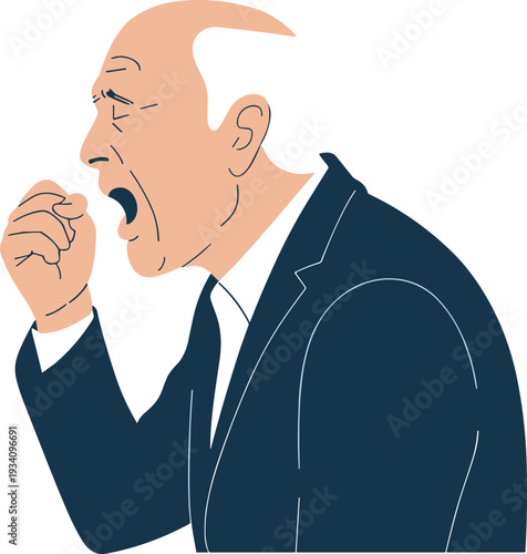 Elderly man coughing with hand covering mouth, respiratory illness symptom concept, healthcare awareness and infection prevention illustration artwork