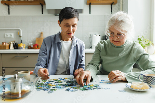 Konstfotografi Middle-aged caregiver volunteer taking care of lonely retired lady, spending lei