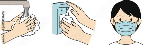 Hand washing with soap and wearing face mask, personal hygiene and health protection concept, coronavirus prevention illustration artwork