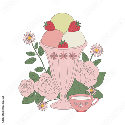 Floral Strawberry Ice Cream Sundae Illustration