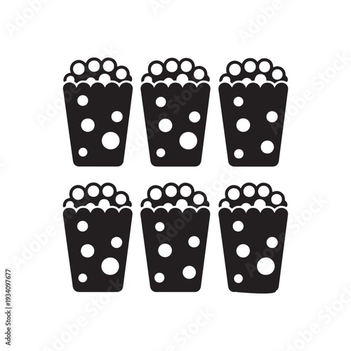 Black and White Icon Set of Movie Theater Popcorn in Striped Buckets. 