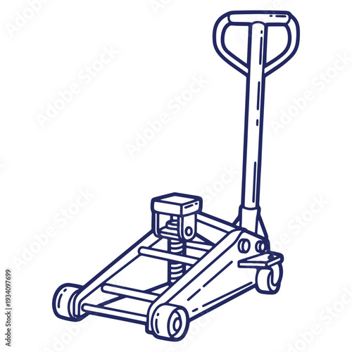 Illustrated floor jack automotive lifting device for vehicle maintenance and repair minimal blue line art on white background