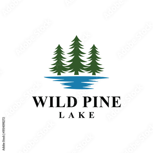 wild pine tree, evergreen timberland with lake river creek logo design.