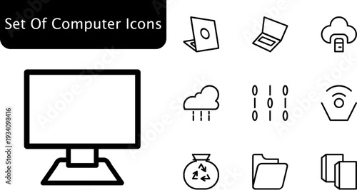 set of computer icons, Vintage Computer Line Art Icons - Minimalist Hardware Lineup for Web Design,  old computer icons, 	
lineup of computer icons, computer icons images, 
