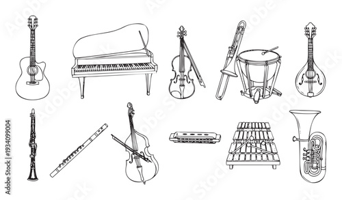 Musical instruments collection for music education materials symphony orchestra band and various musical themed projects