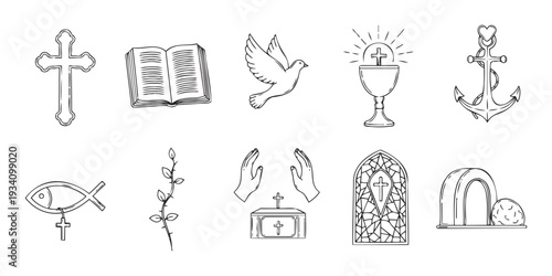Christian symbols line drawing collection perfect for religious education materials, church event invitations, spiritual book covers, and sacred worship themes