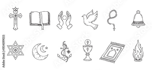 Religious and spiritual symbols set encompassing diverse faiths and beliefs, ideal for educational materials, cultural projects, or spiritual event branding.