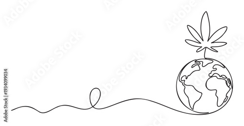 Continuous line drawing of a cannabis leaf growing from the Earth, symbolizing global connection and the expanding reach of cannabis, suitable for modern health and environmental themes