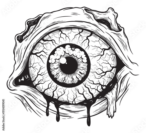 Unsettling bloodshot eyeball graphic with detailed veins and dripping liquid ideal for horrorthemed merchandise, spooky event promotions, or a unique tattoo design