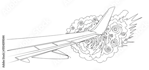 Outline drawing of an airplane wing flying through stylized air currents and clouds, ideal for aviation themed educational materials, travel brochures, or print media.