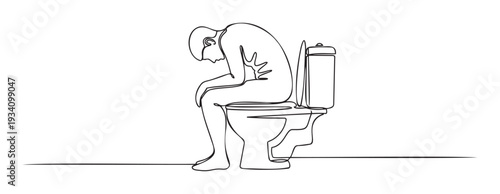 A distressed person experiencing stomach discomfort or illness sitting on a toilet with their head bowed, suitable for health articles, medical advertisements, or wellness publications.