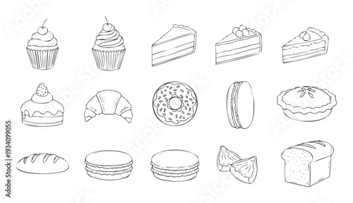 A diverse assortment of hand drawn bakery items and sweet treats, including cakes, pastries, and bread, perfect for food related promotions or recipe book graphics.