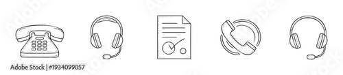 Hand drawn style customer service and support communication icons including landline phone, call center headsets, and completed task document suitable for business and contact center