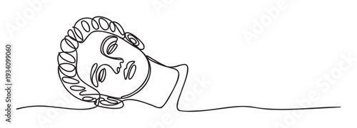 Continuous single line drawing depicting a serene female profile with flowing hair, ideal for modern promotional materials, publications, and brand identity.