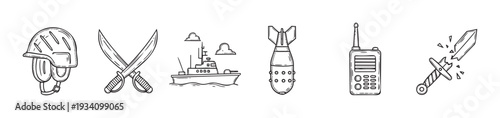 Hand drawn military themed icons showcasing protective helmet, crossed sabers, naval vessel, aerial bomb, walkie talkie, and shattered sword for defense and historical graphic applications.