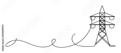 Simple continuous line drawing depicting a tall electrical transmission tower connected by a flowing power cable, ideal for energy industry presentations or sustainable technology