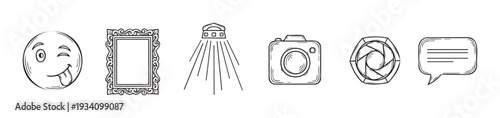 Sketched symbols featuring a playful winking emoji, ornate picture frame, downward spotlight, modern camera, intricate lens aperture, and versatile speech bubble for digital projects.