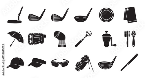 A comprehensive collection of essential golf equipment icons including clubs, accessories, and apparel for sportsrelated marketing materials and digital applications.