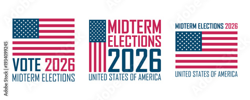 United States Midterm Elections 2026 Set with American Flag. Vector Illustration.	