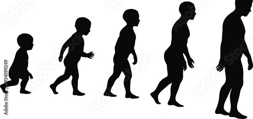 Silhouette progression of human growth from crawling baby to walking adult, developmental stages, black figure isolated on white background, vector illustration.