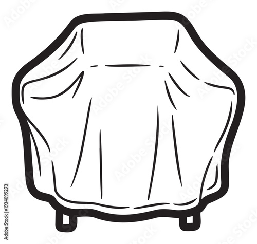 Simple black and white line drawing of an outdoor grill or patio furniture covered with a protective sheet, ideal for product care guides and seasonal storage information graphics.