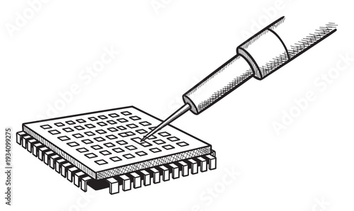 Electronic microchip being tested by a precise tool for quality control and hardware development useful for technology, engineering, and manufacturing presentations