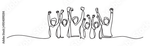 A minimalist continuous line depiction of a diverse group of people with raised arms, symbolizing unity, celebration, protest, or achievement, ideal for conveying teamwork, solidarity,