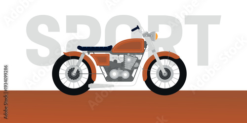 Orange vintage style motorcycle illustration is centered against a white background with the faint word sport visible.