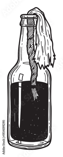 Handdrawn black and white Molotov cocktail in a glass bottle with a cloth wick for depicting themes of protest, revolution, danger, and conflict in various media projects