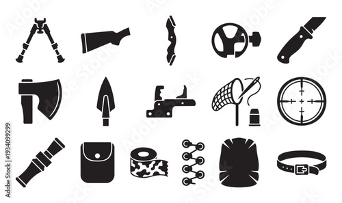 This collection of black silhouette icons represents essential outdoor, hunting, and survival gear for various adventurous activities, perfect for guides, websites, and instructional