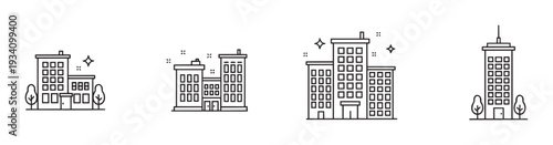 Collection of sleek outline buildings featuring multiunit residences, office towers, and townhouses, perfect for illustrating concepts of housing, property investment, and urban living