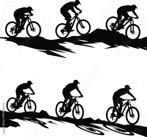 Silhouettes of mountain bikers riding on rocky terrain, outdoor cycling adventure, extreme sport concept, black vector illustration for action and fitness design.