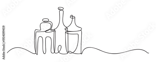 Continuous one line drawing portraying elegant glass bottles, diverse kitchen vessels, and drink containers, ideal for product labels, beverage branding, minimalist decor, or simple graphic
