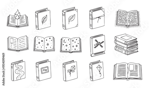 Comprehensive collection of hand drawn book symbols representing knowledge, education, learning, and storytelling perfect for academic resources publishing graphic projects and library
