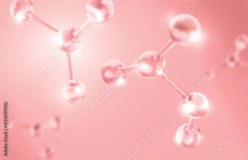 Abstract molecular structures. Collagen pink serum and vitamin hyaluronic acid skin care cell. 3d Skin care cosmetics moisture bubble . Vector illustration